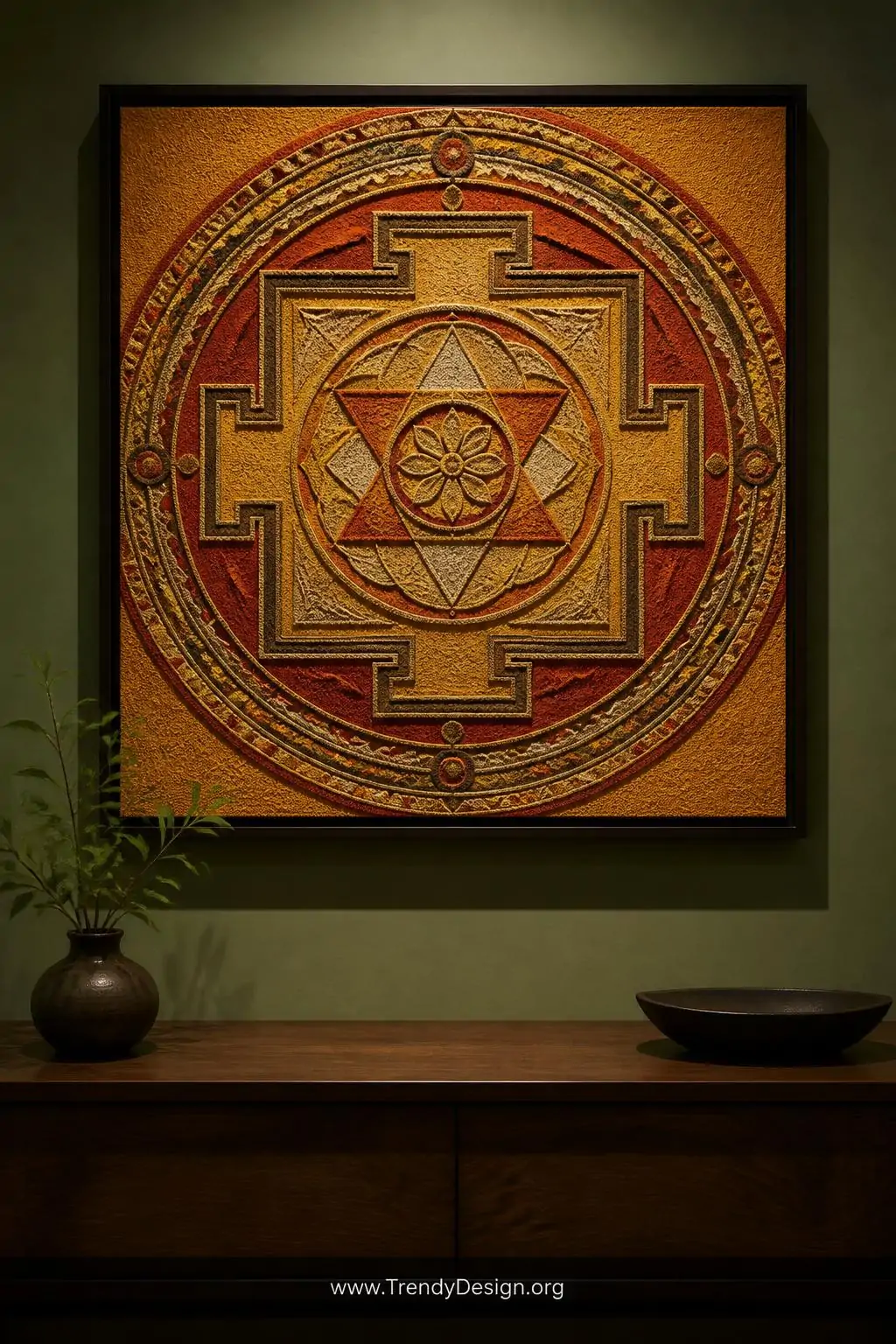 A dramatic medium close-up of a large framed sand mandala canvas displayed on a muted sage green wall, intricate circular pat