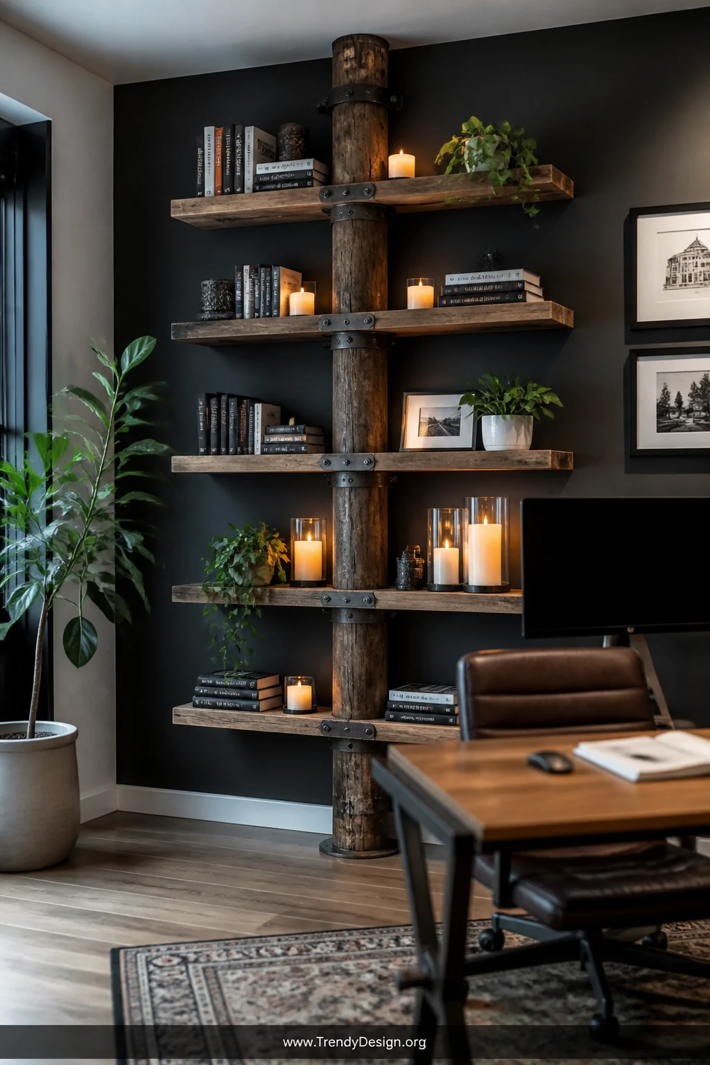 Wide photorealistic interior shot of a home office featuring a full-length vertical telephone pole mounted against a charcoal