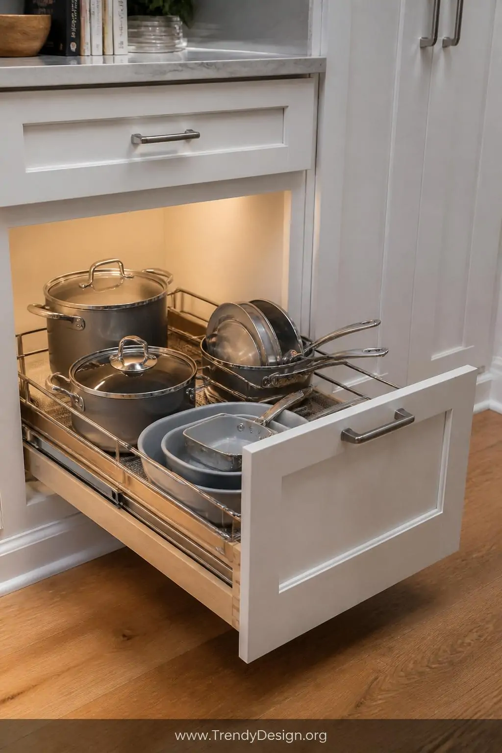 Close-up shot of a lower white Shaker cabinet with a deep pull-out drawer fully extended, revealing neatly organized matte gr
