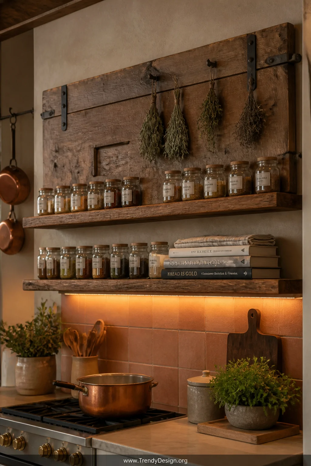A medium shot of a weathered farmhouse kitchen wall where a wide old wooden door is mounted horizontally, with deep oak shelv
