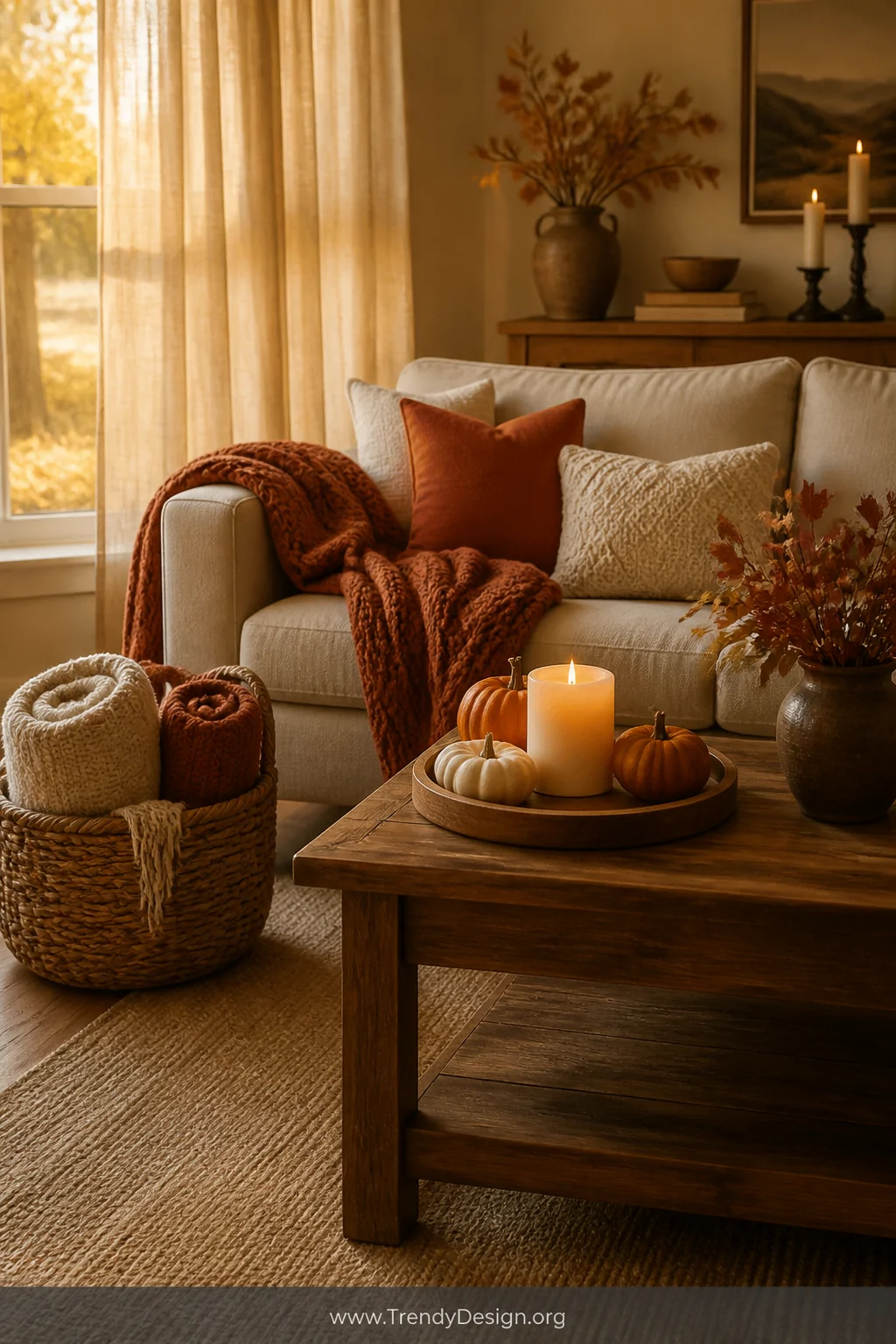 A cozy living room vignette styled for autumn, featuring a linen sofa layered with chunky knit throws in rust and cream, a wo