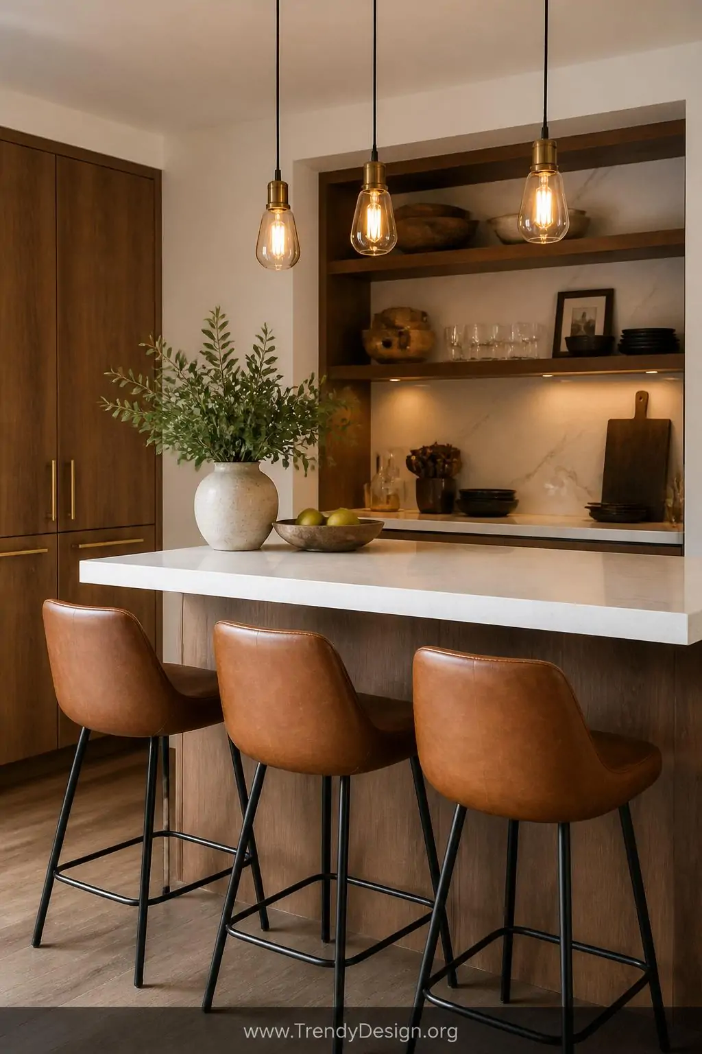 Medium shot of a kitchen breakfast bar nook featuring a thick white quartz countertop overhang with three sculptural cognac l