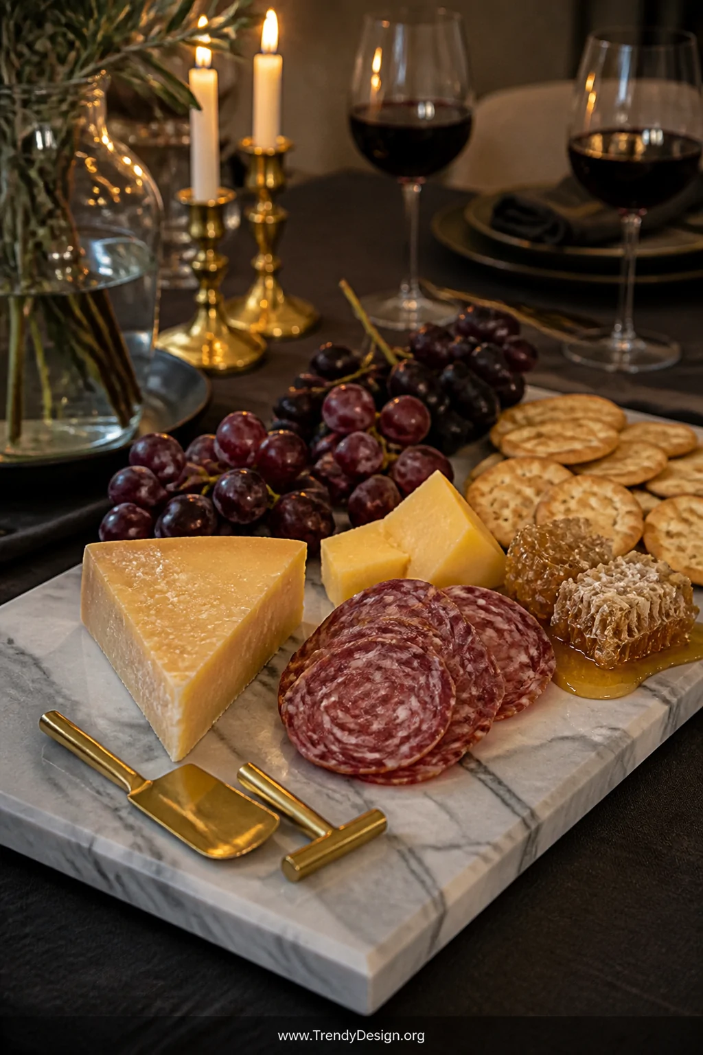 Detail closeup of a rectangular polished marble serving board on a dark linen-draped dining table, loaded with aged cheddar w