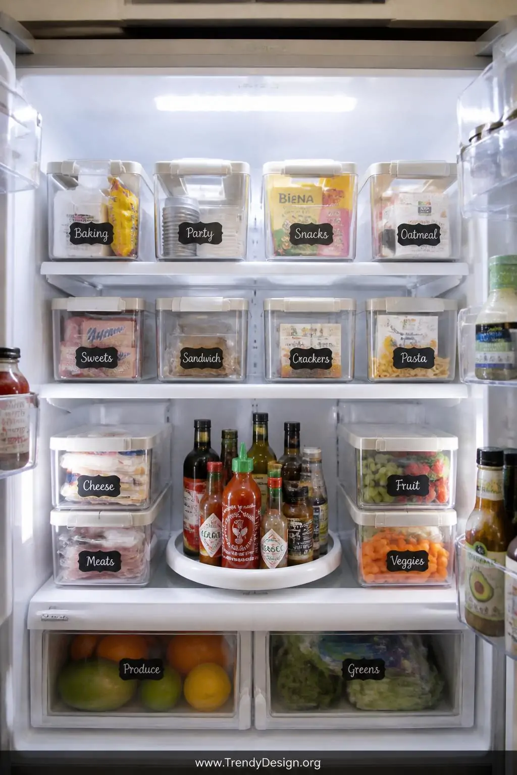 A wide interior shot of a refrigerator packed with matching frosted and crystal-clear rectangular stackable bins with matte w
