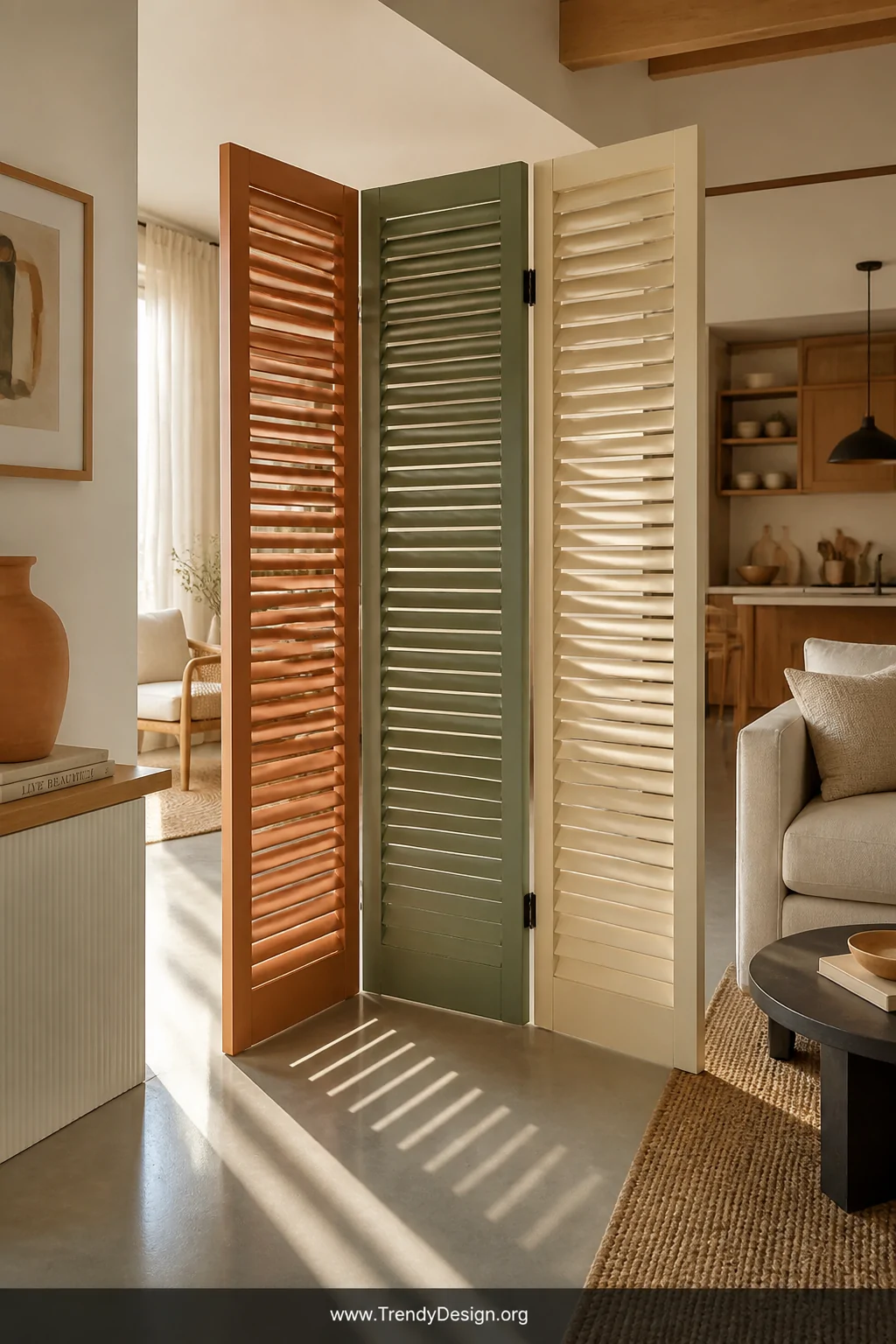 Wide interior shot of three louvered doors hinged together as a freestanding room divider in an open-plan apartment, each pan