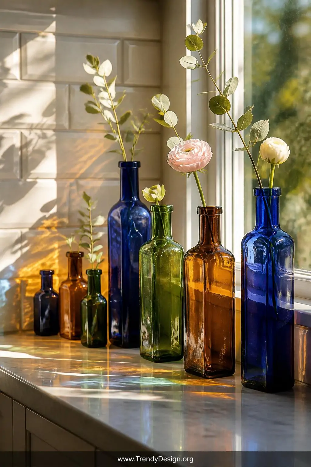 Closeup shot of a row of vintage glass bottles in deep cobalt blue, emerald green, and warm amber arranged along a bright kit