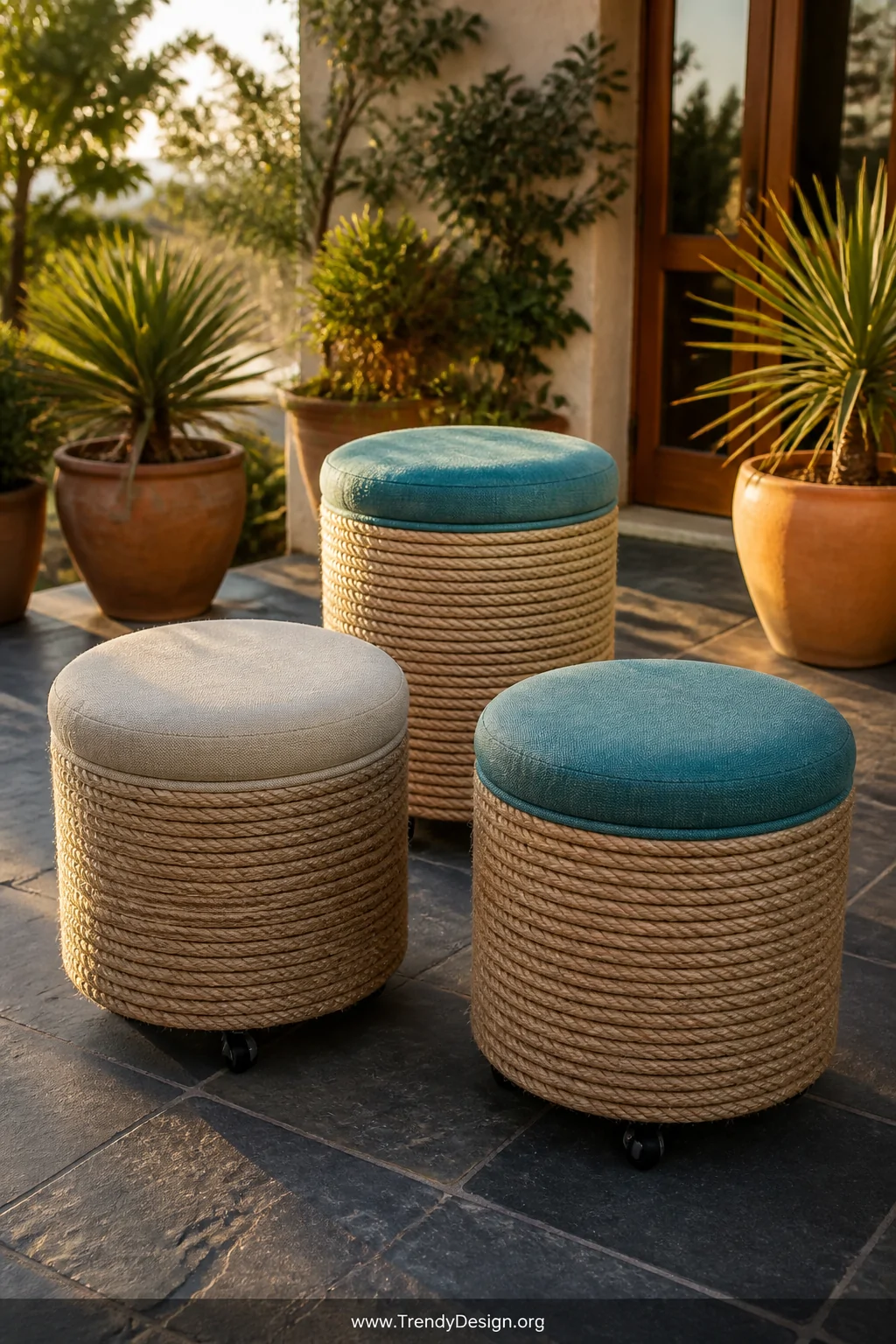 A medium patio shot of three repurposed 55-gallon plastic drum ottomans at varying heights, wrapped in thick natural rope and