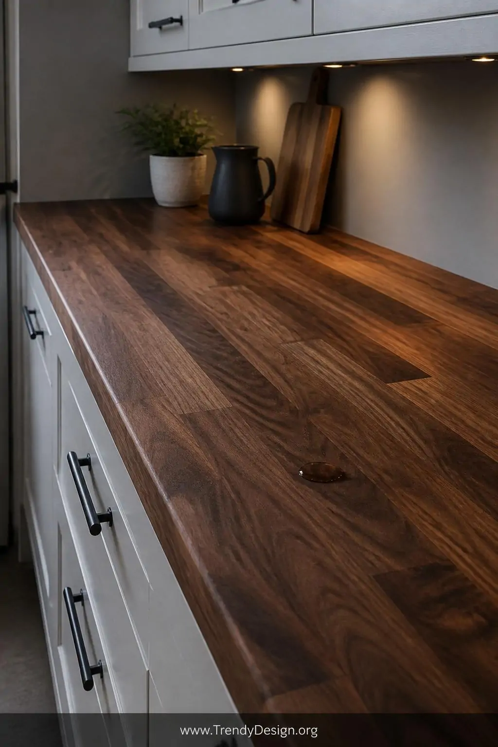 Close-up photorealistic interior design shot of a luxurious dark walnut butcher block countertop surface revealing dramatic c