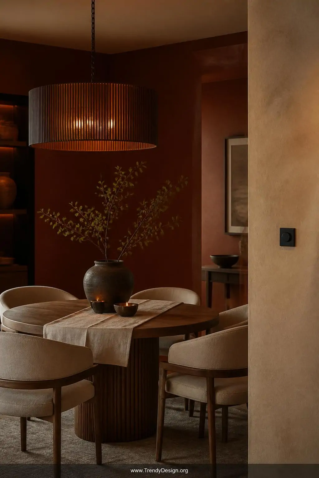 Medium shot of an elegant dining room where a round walnut dining table with linen upholstered chairs sits beneath a statemen