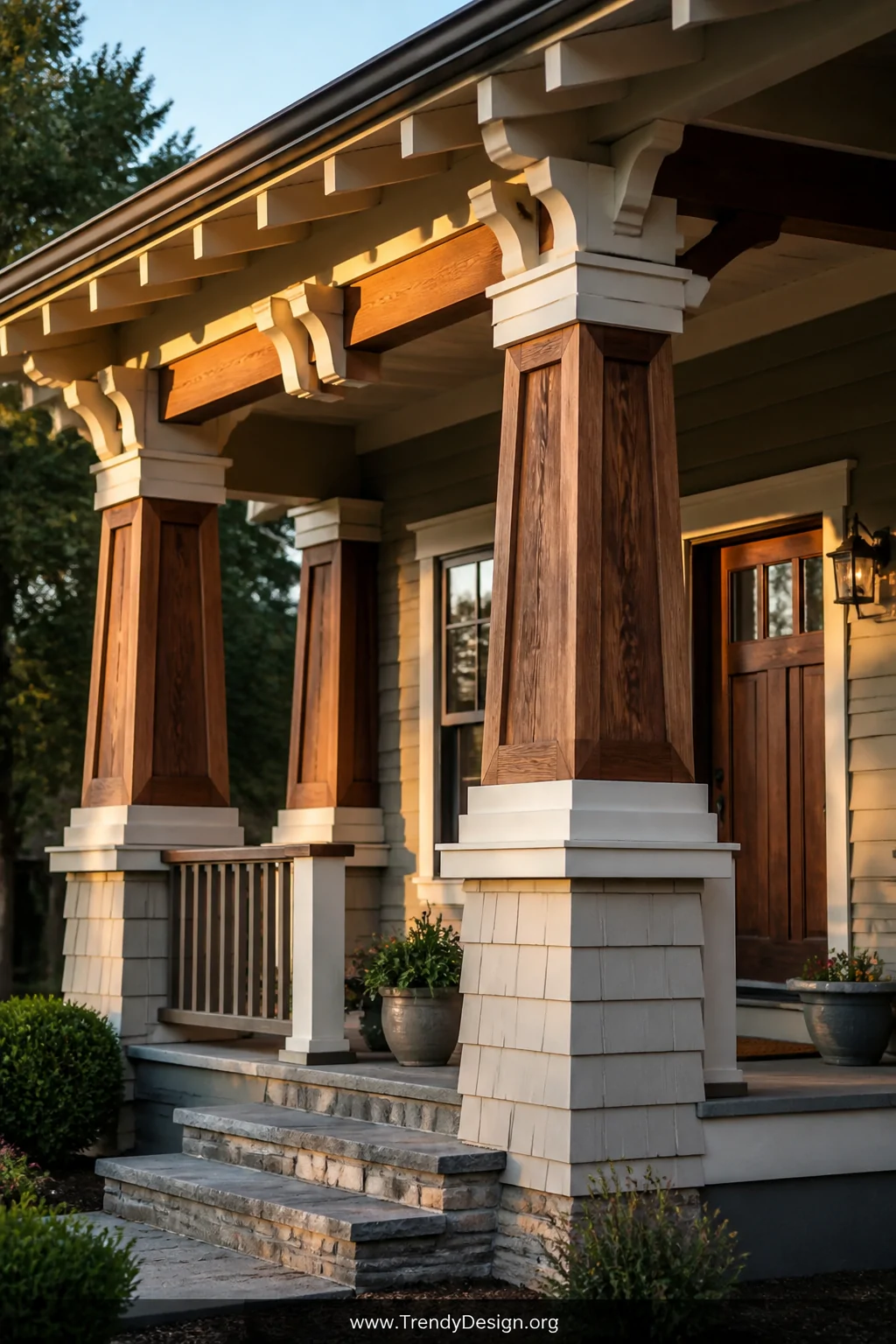 Medium shot of a craftsman bungalow front porch featuring tapered wood beam columns with layered decorative trim details and 