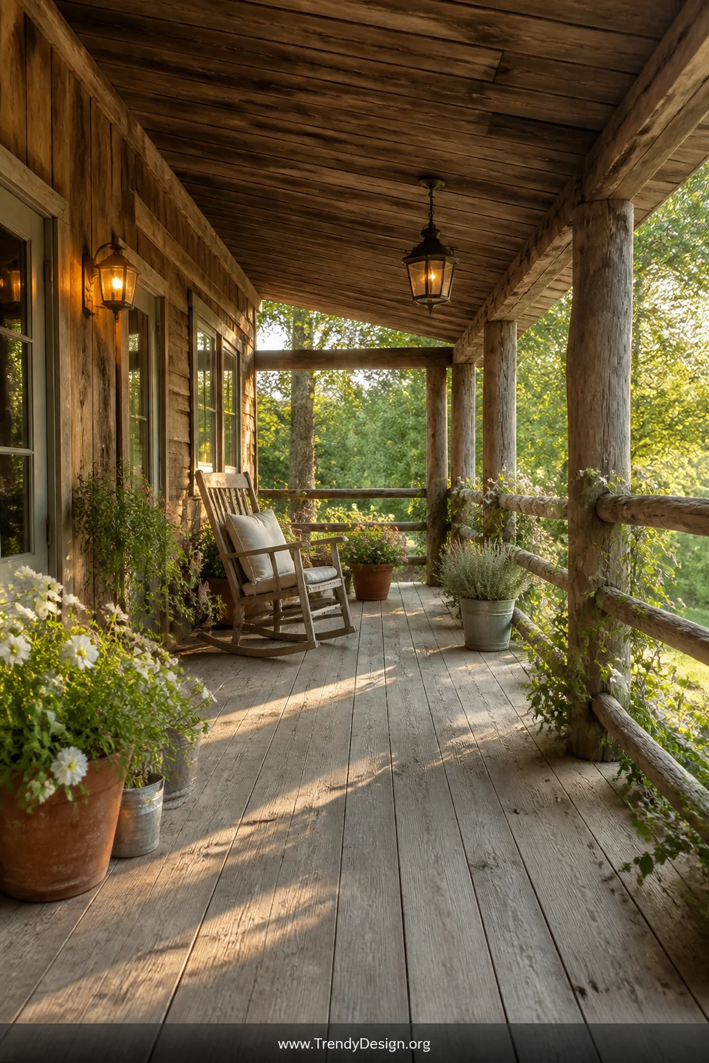 Wide shot of a wraparound farmhouse porch enclosed by rustic split rail fencing, rough-hewn logs with visible bark edges and 
