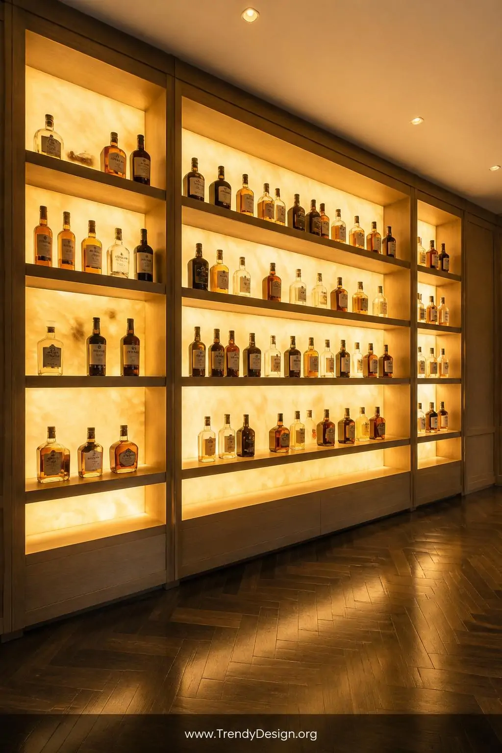 A wide photorealistic interior shot of dramatic floor-to-ceiling floating white oak shelves with concealed LED panels behind 