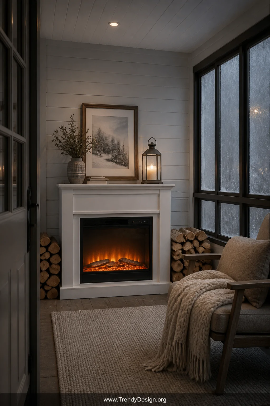 Medium photorealistic interior shot of a closed front porch featuring a sleek white freestanding electric fireplace glowing w