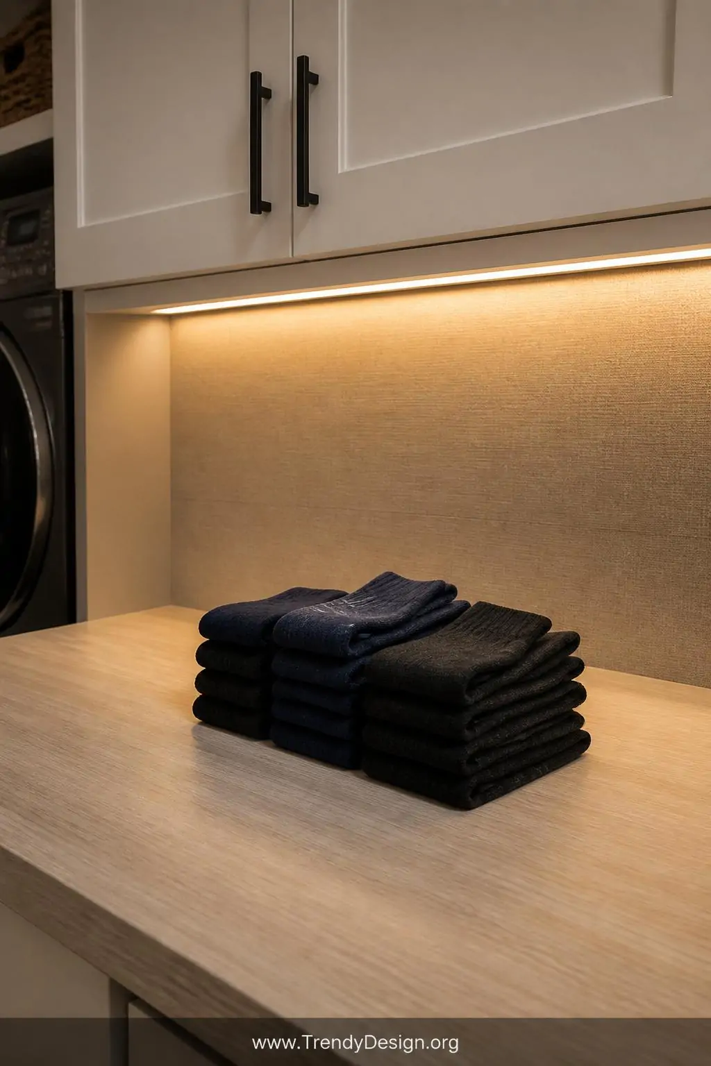 Close-up photorealistic interior shot of white shaker upper cabinets above a pale wood laminate folding counter, warm LED str