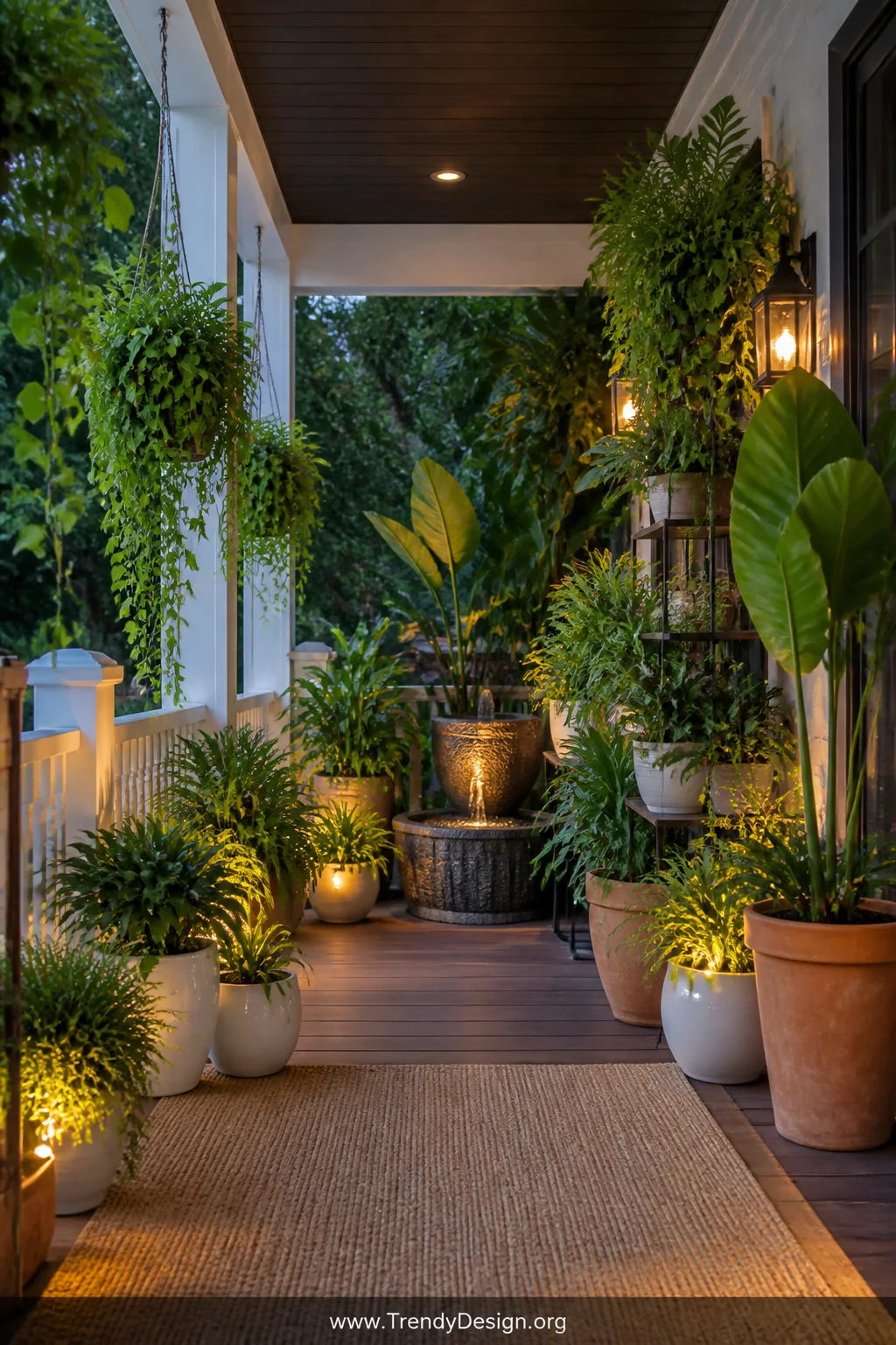 Wide shot of a lush botanical large front porch overflowing with layered greenery including tiered plant stands holding tropi