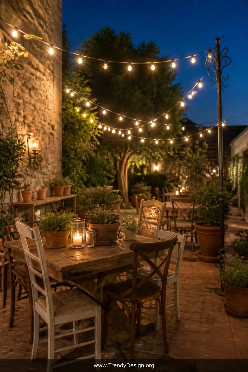 Medium photorealistic shot of a charming bistro-style brick patio at twilight with loosely draped warm white string lights ha