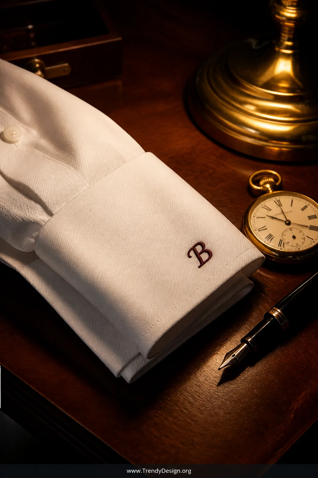 A close-up detail shot of a folded white dress shirt cuff resting on a polished mahogany desk, a single elegant initial embro