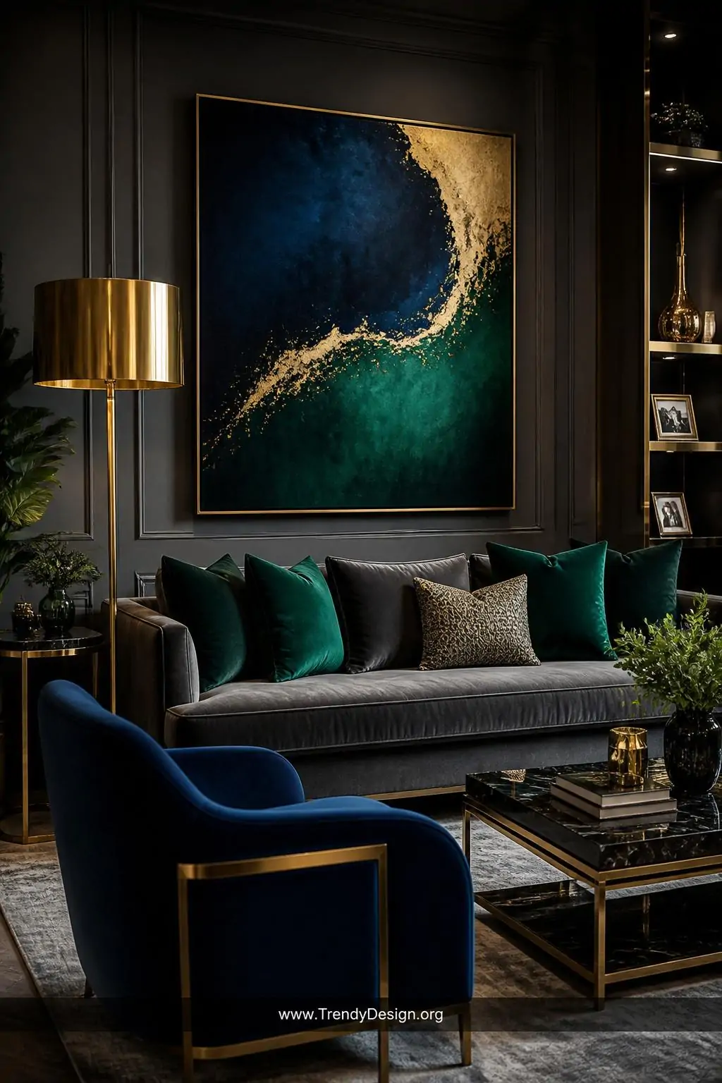 A medium-shot photorealistic interior of a dramatically luxurious living room anchored by a dark grey velvet sofa layered wit
