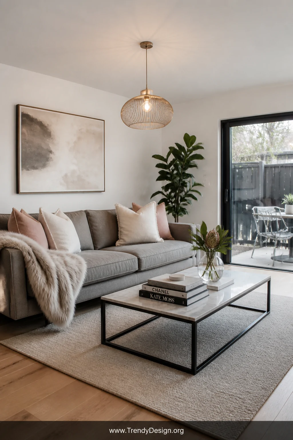 Medium shot of a bright, neutrally staged living room prepared for property sale, featuring a grey linen sofa with white and 
