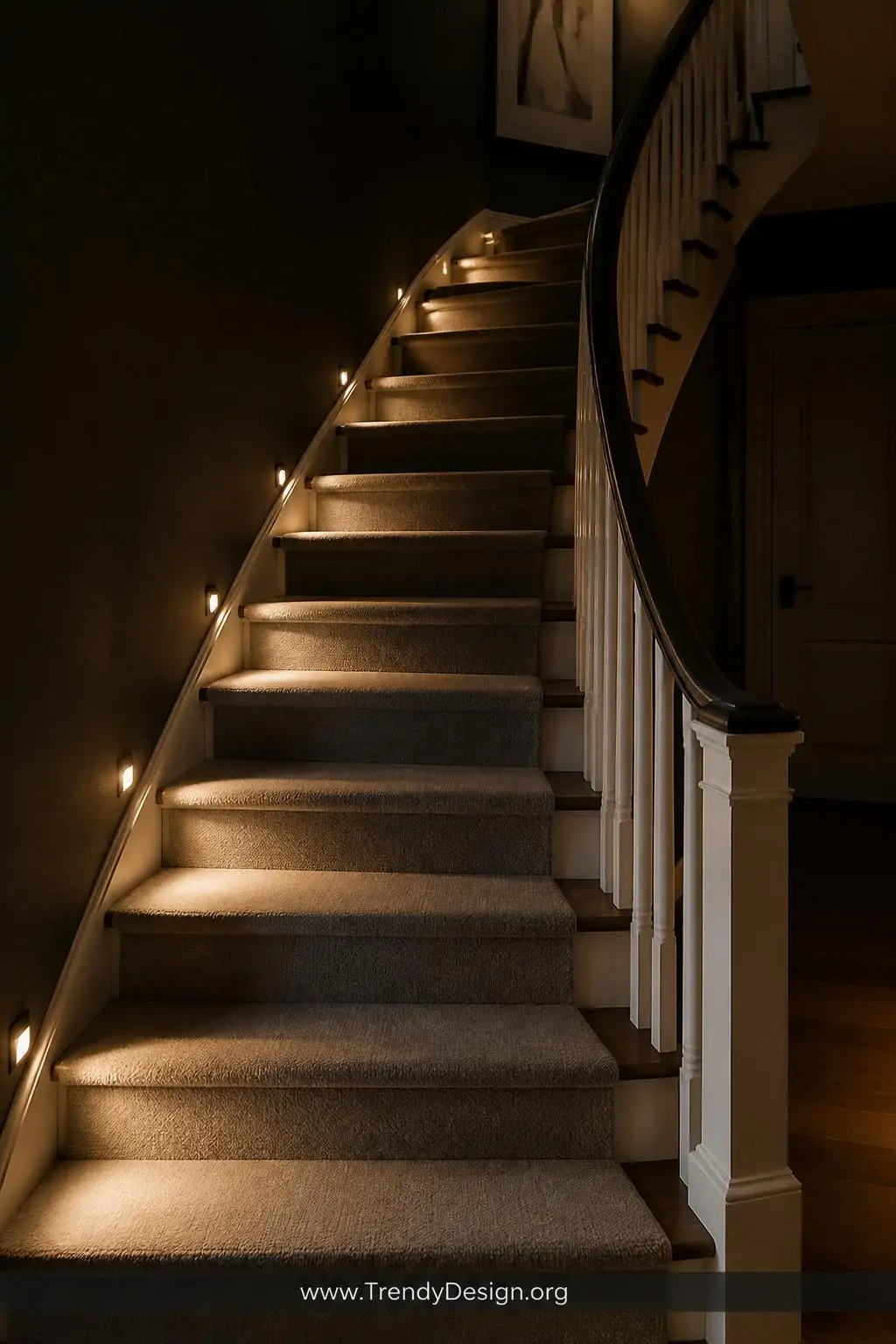 Medium-shot photorealistic interior of a dark hallway staircase at night, soft warm amber wall-mounted step lights glowing at
