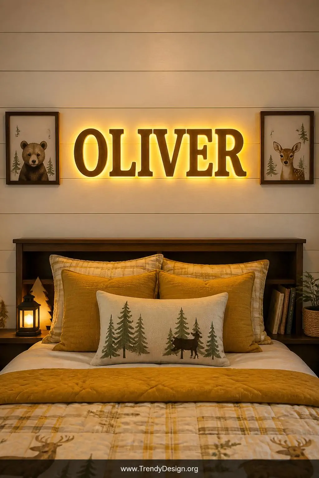 Medium photorealistic interior shot of a child's bedroom wall featuring a glowing custom wooden name sign mounted above a hea