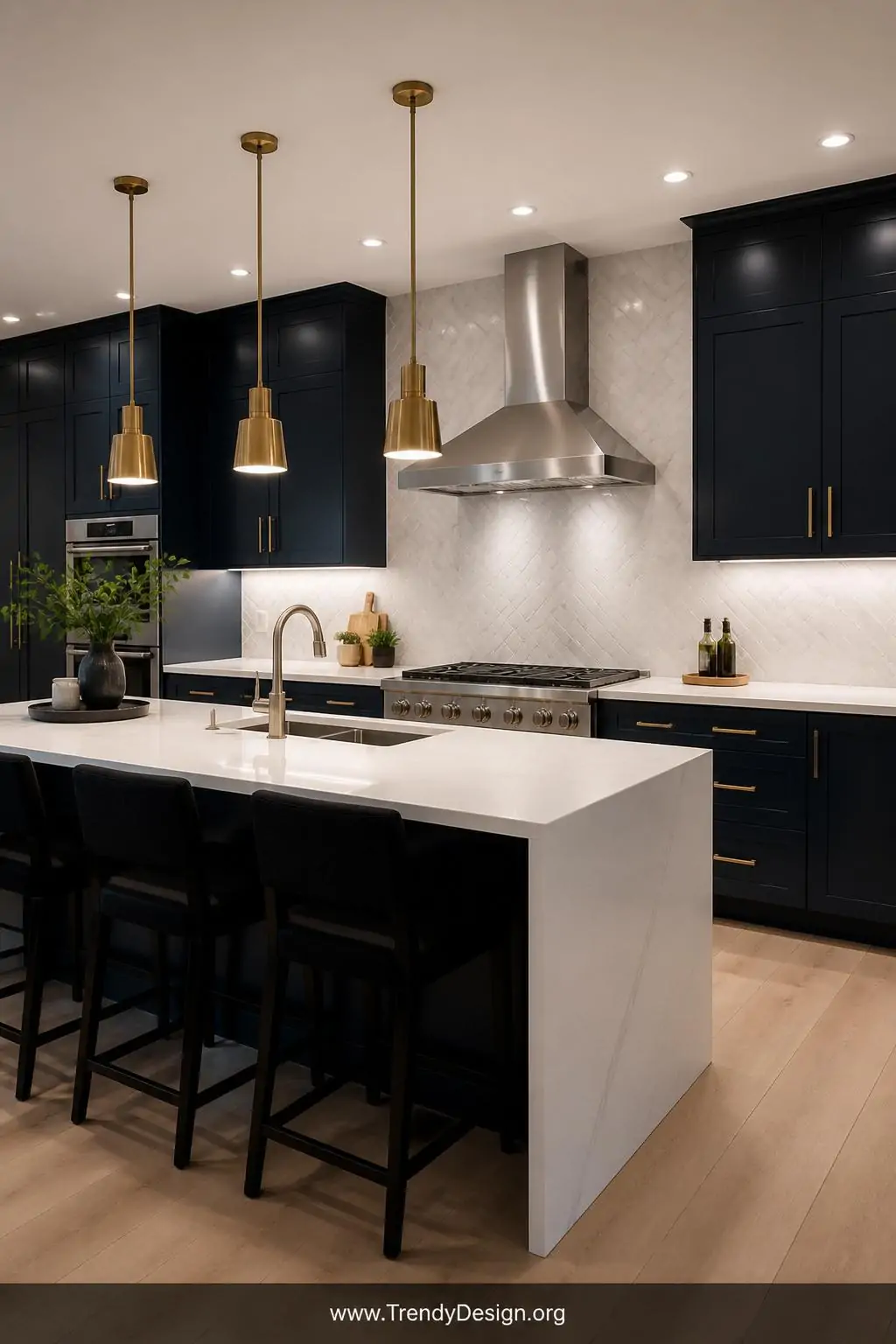 A medium photorealistic interior shot of a sleek modern kitchen where clusters of recessed fixtures hang precisely over white