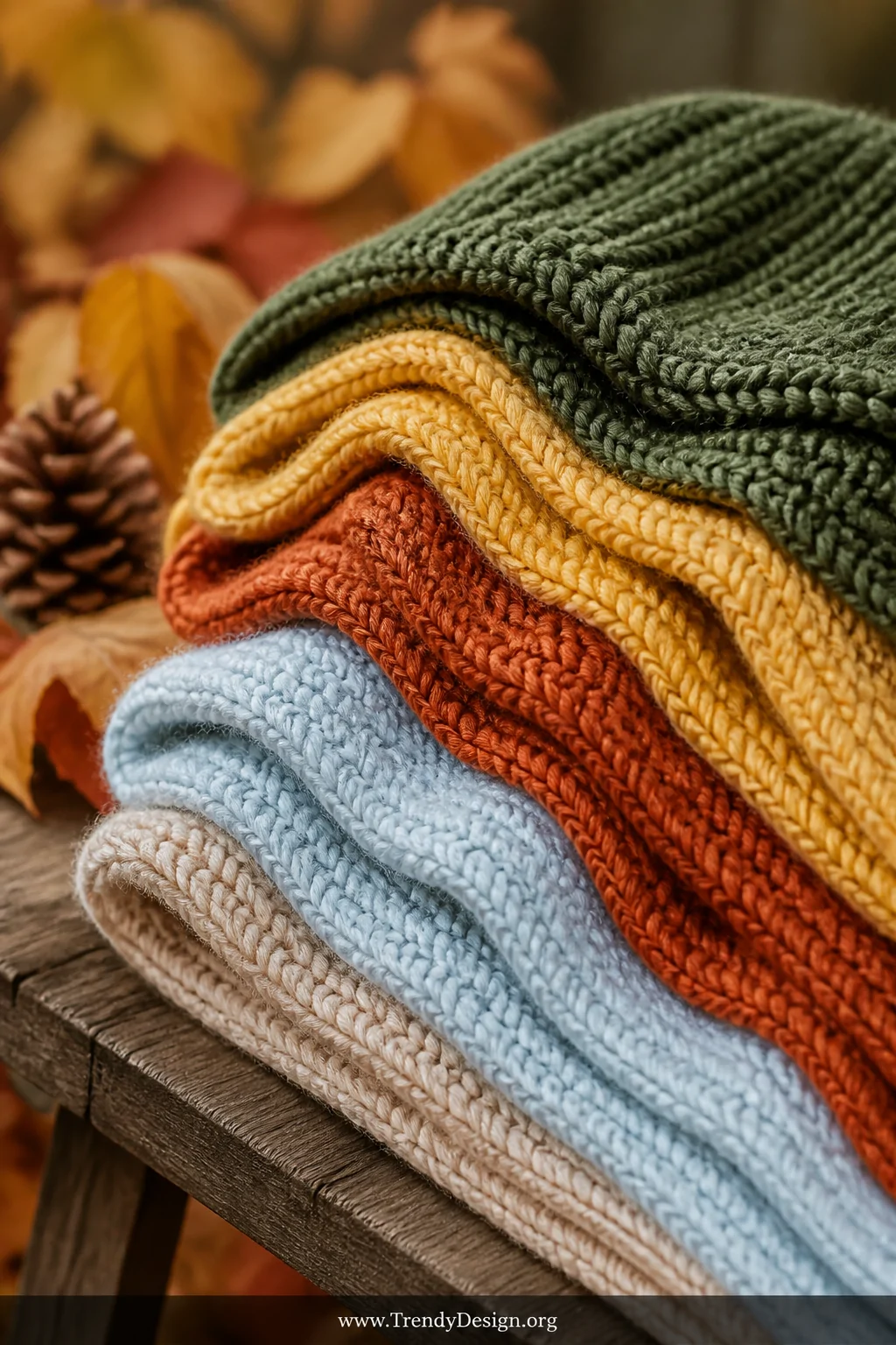A close-up detail shot of a chunky textured knitted blanket folded in soft accordion layers on a rustic wooden bench, reveali