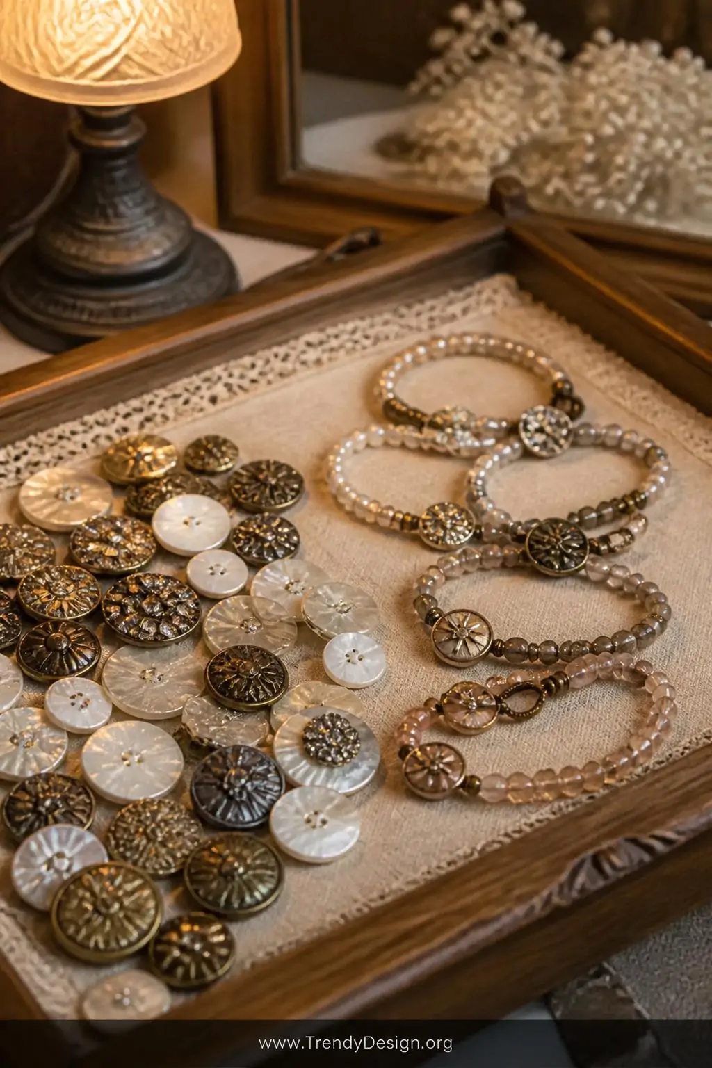 A vintage oak display tray lined with aged cream linen holds an assortment of antique shell, rhinestone, and brass buttons al