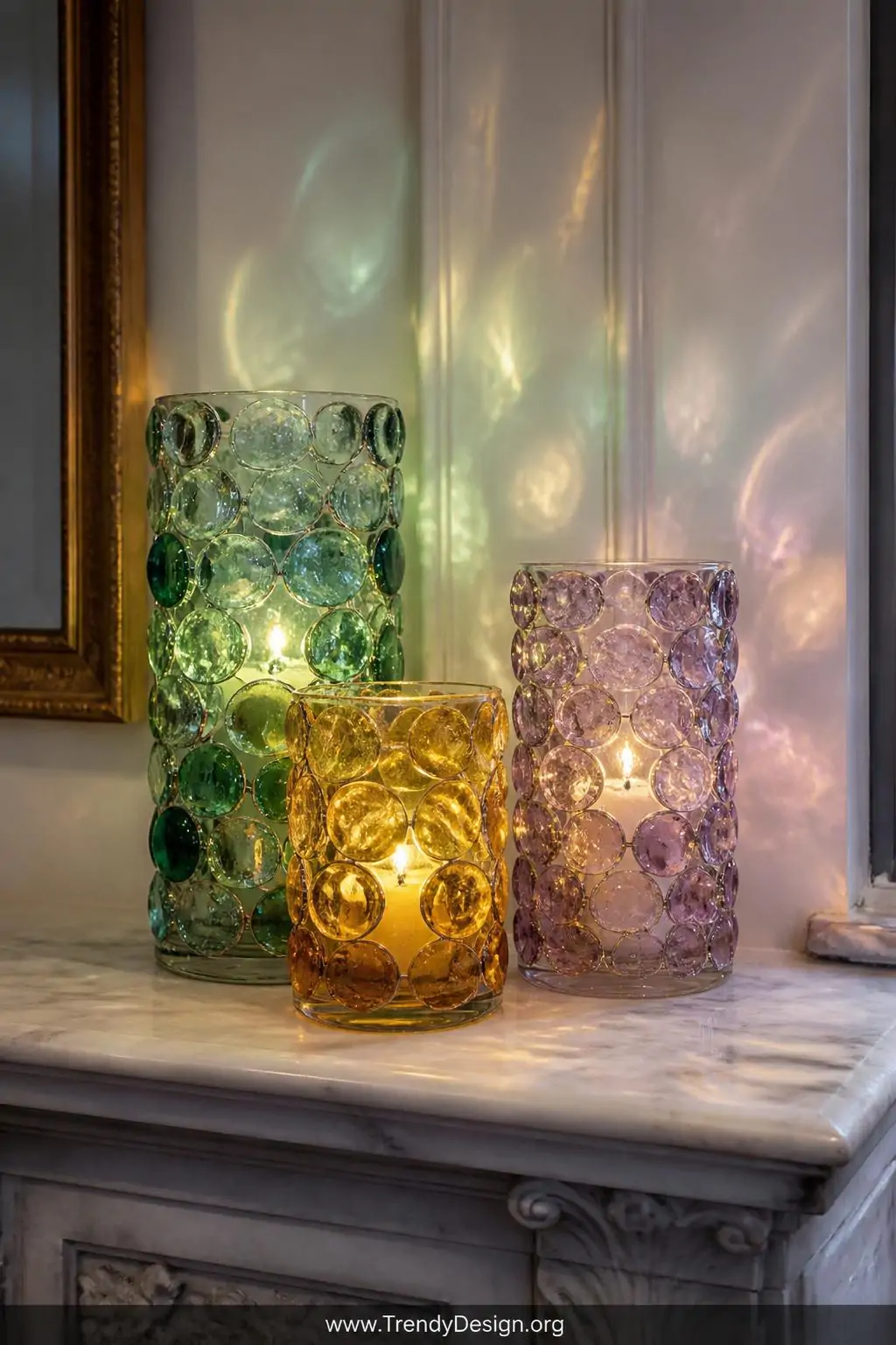 A close-up shot of three glass hurricane candle holders grouped at varying heights on a marble mantel, each vessel encrusted 