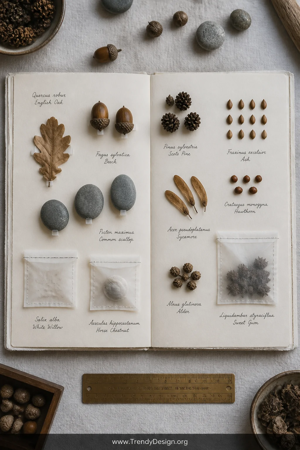 A wide styled flat lay on a linen-covered table displaying an open scrapbook spread with acorns, smooth grey pebbles, tiny pi