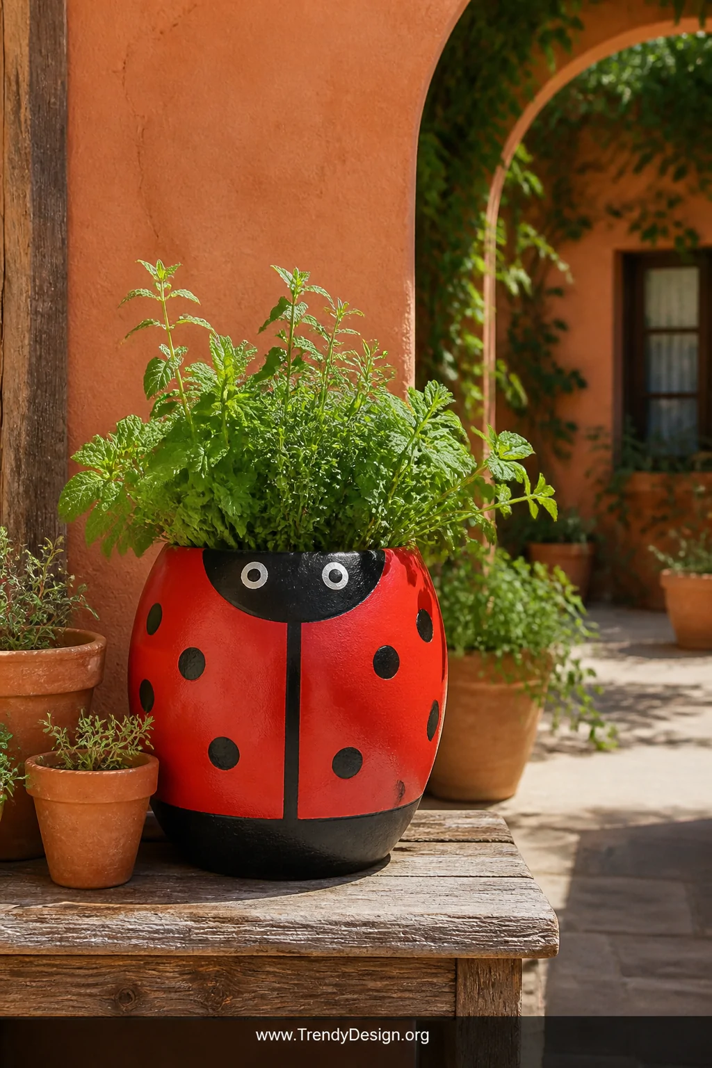 A sun-washed terracotta patio scene showing a boldly painted ladybug planter pot in vivid red with a black base, white dot ey