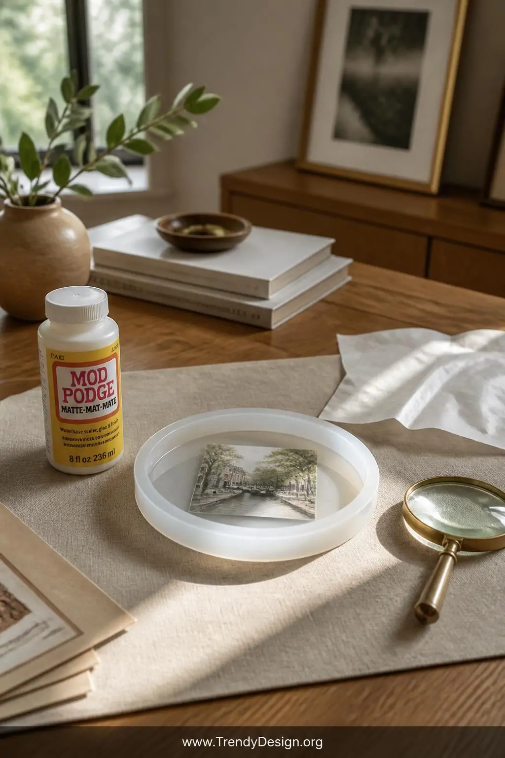 A medium shot of a warm honey-toned oak desk where a tiny printed photograph sealed under crisp transparent resin sits inside