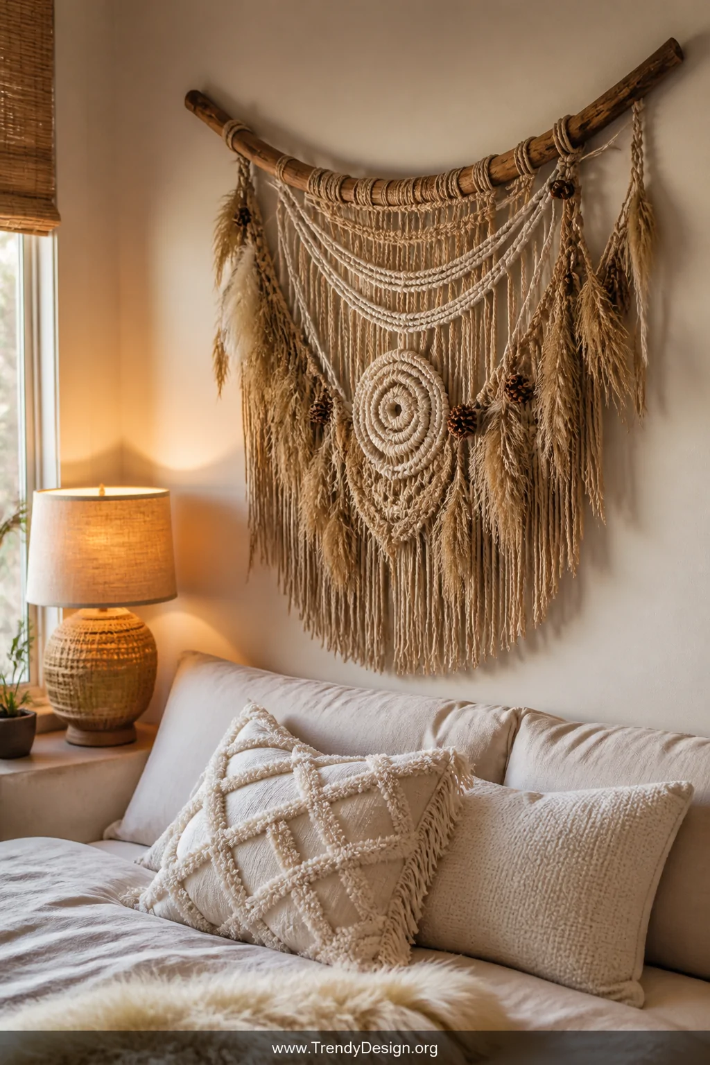 A medium-shot photorealistic interior detail of a bohemian bedroom corner featuring a curved natural twig wall hanging draped