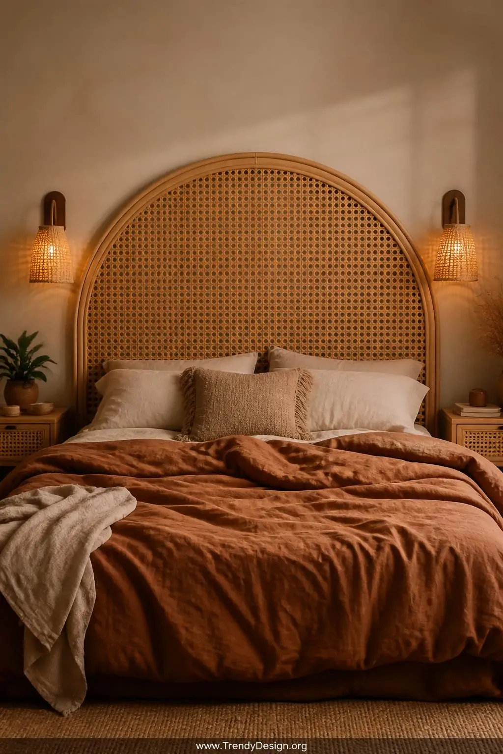 Medium photorealistic bedroom shot centered on a statement arched rattan headboard in honeyed natural cane, positioned agains
