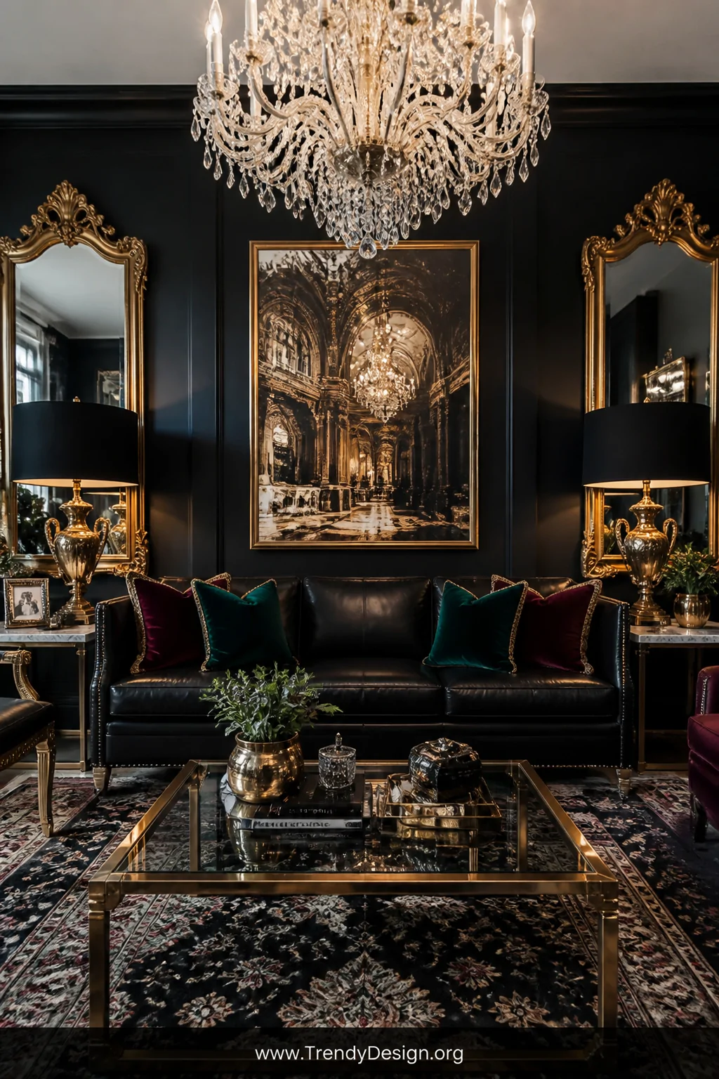 Wide photorealistic interior shot of a dramatic Hollywood Regency living room anchored by a black leather couch layered with 