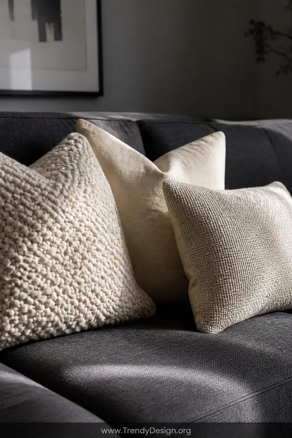 Close-up photorealistic shot of a dark grey linen sofa styled with an artful arrangement of three cream, warm ivory, and soft