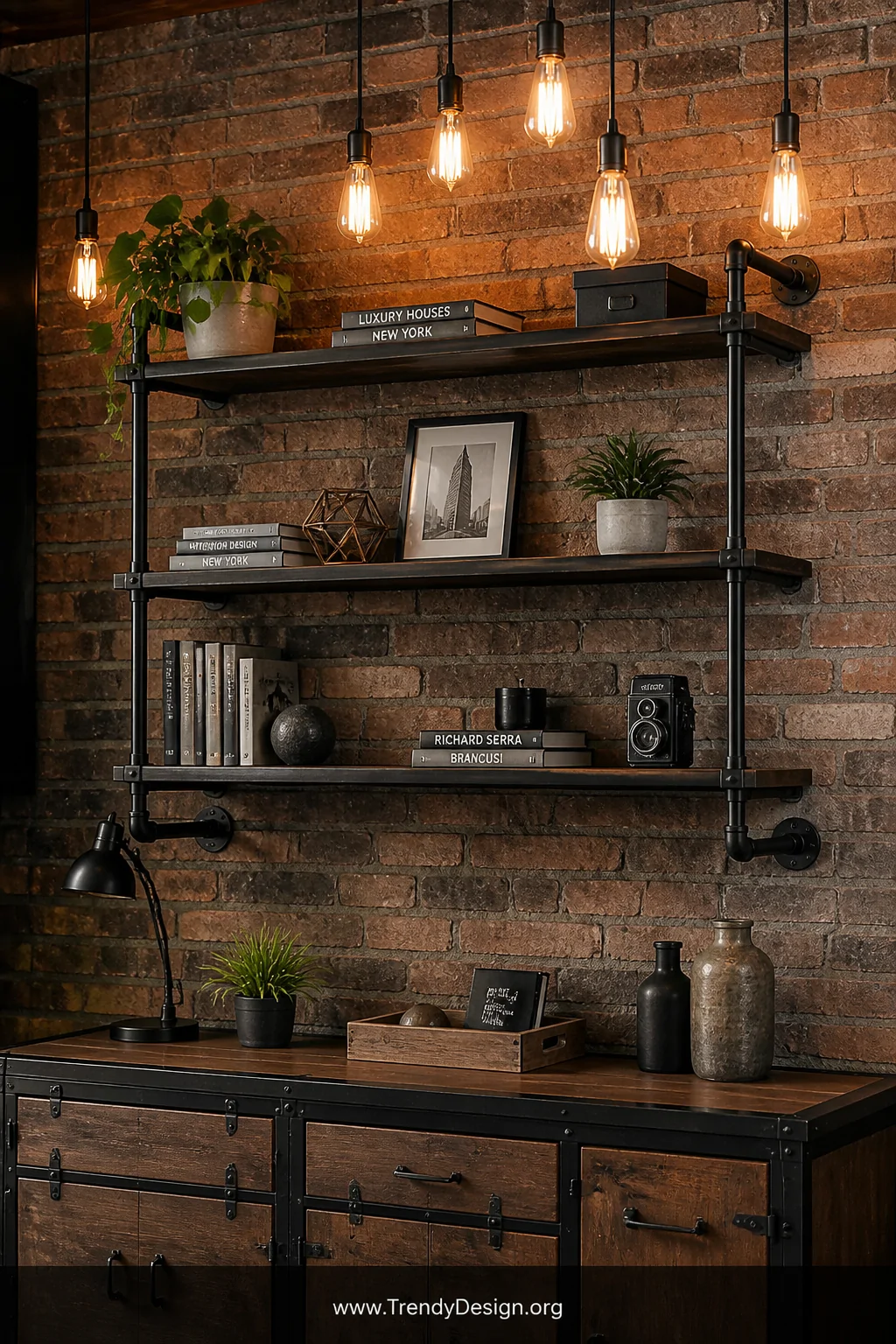 Medium photorealistic shot of an industrial loft wall featuring black steel pipe shelving mounted against raw exposed brick, 