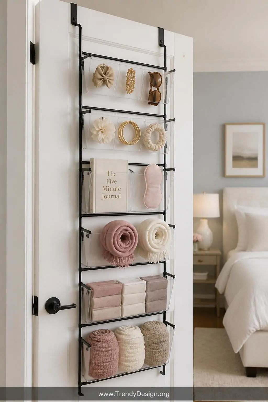Close-up photorealistic interior design shot of the back of a white bedroom door fitted with a sleek matte black metal over-t
