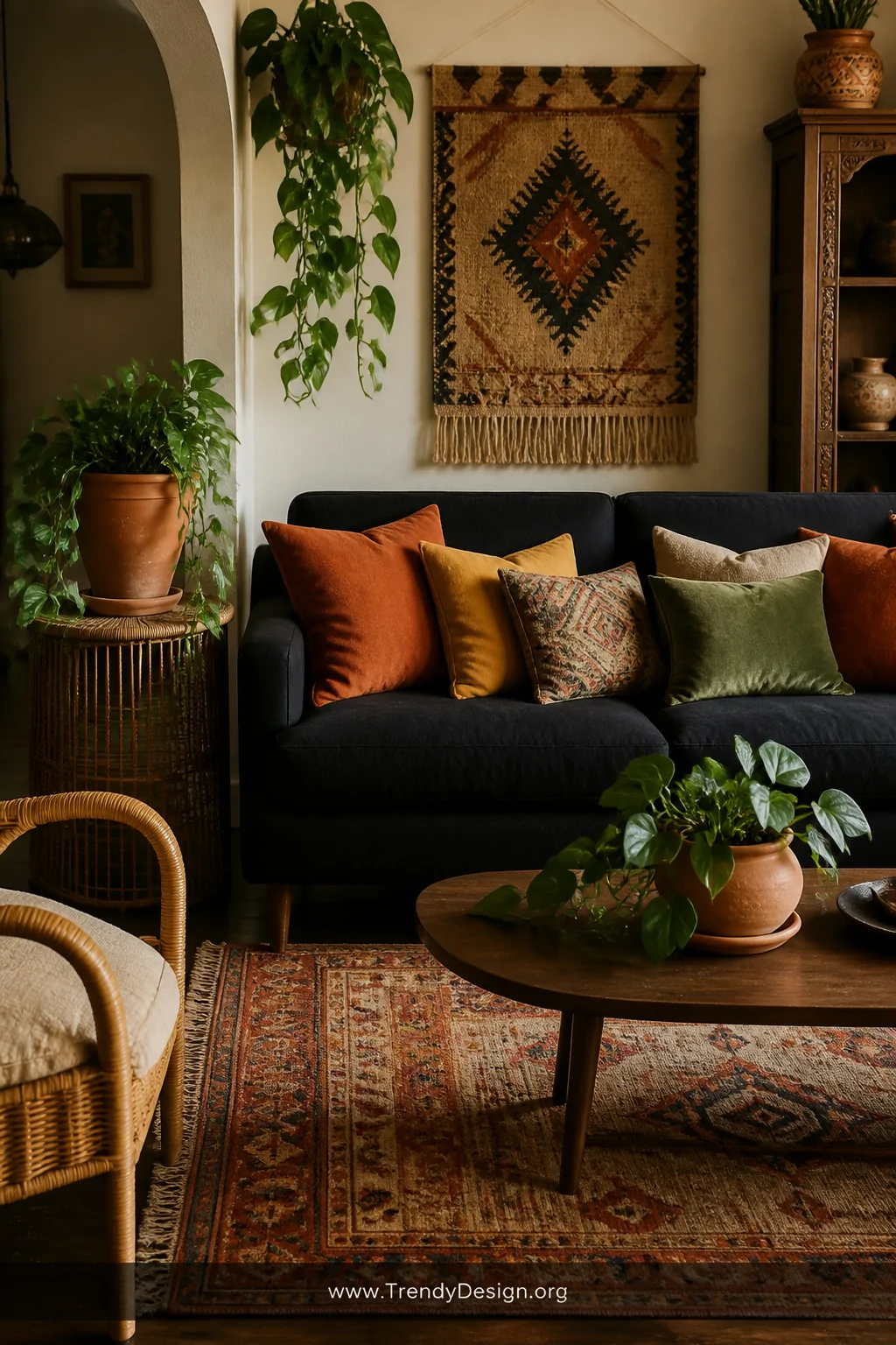 Medium shot of an eclectic boho-luxe living room anchored by a matte black sofa styled with rust, mustard, and sage green cus