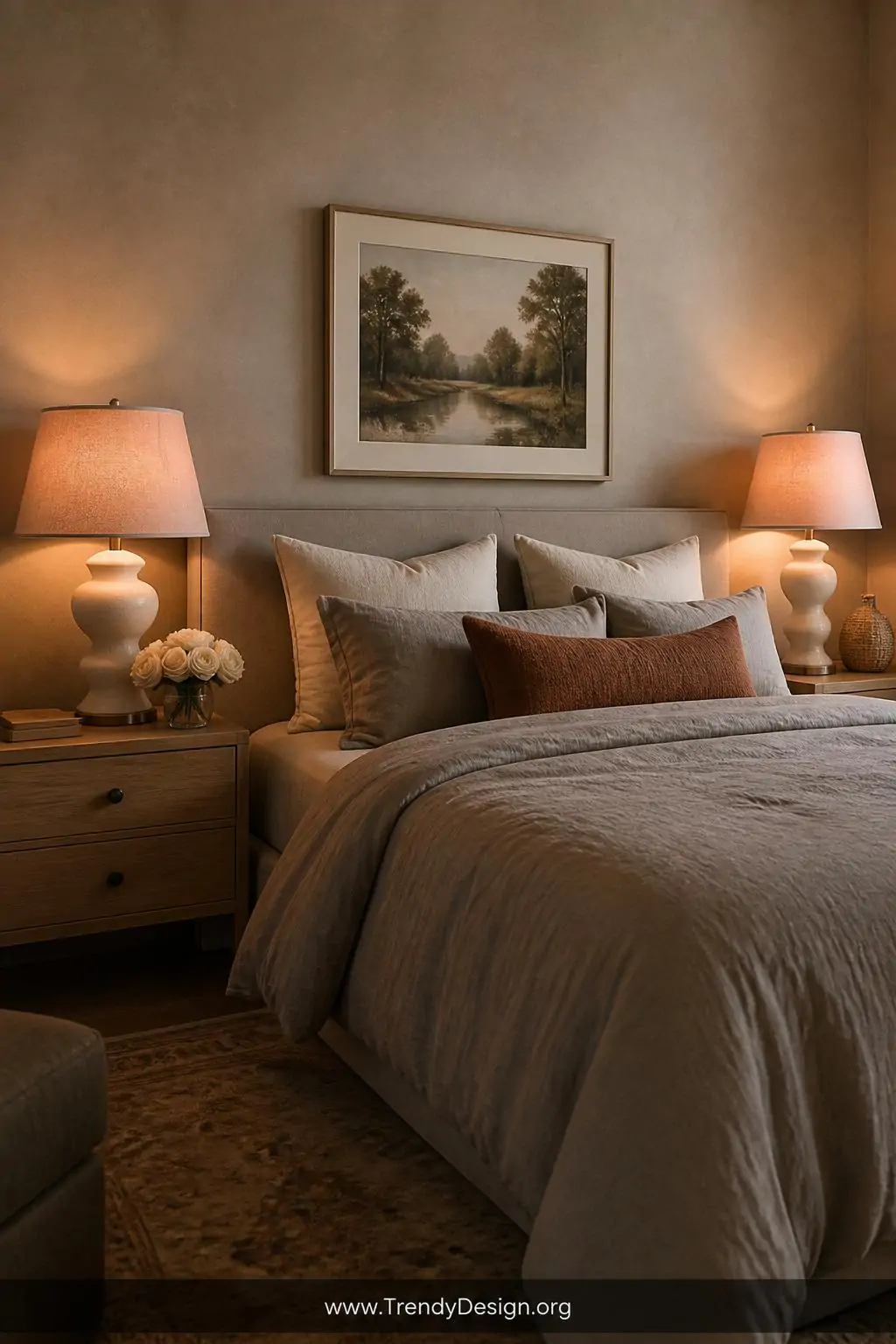A medium-shot photorealistic interior design photograph of a symmetrical romantic bedroom vignette showcasing two matching be