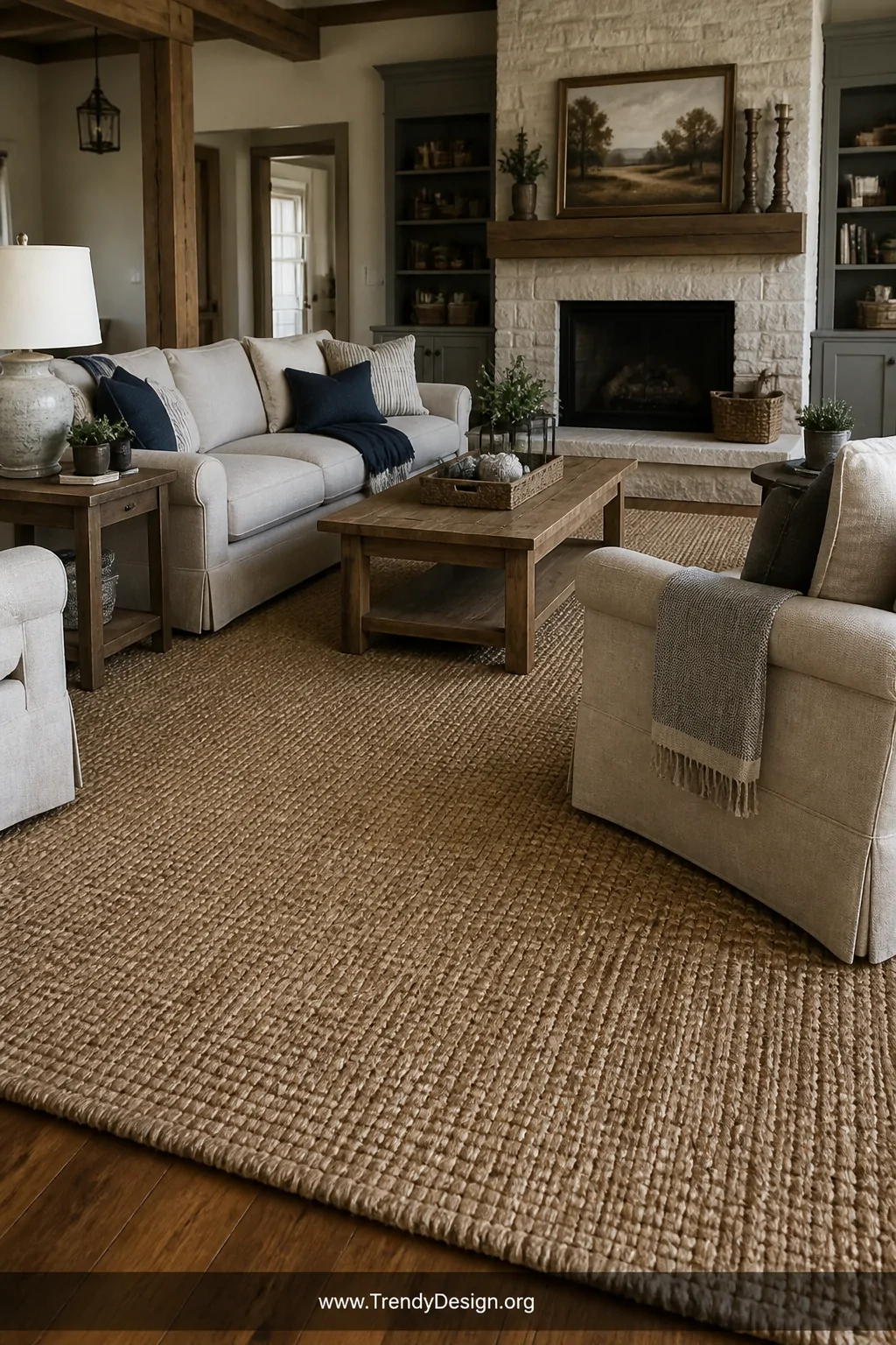 Wide photorealistic interior shot looking down at a oversized thick natural jute area rug grounding a full living room furnit