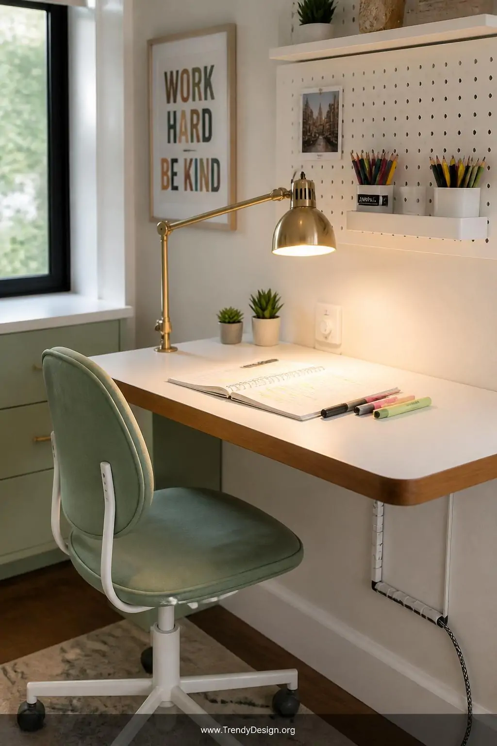 A photorealistic closeup medium shot of a teenage study nook featuring a white floating wall-mounted desk with a warm walnut 