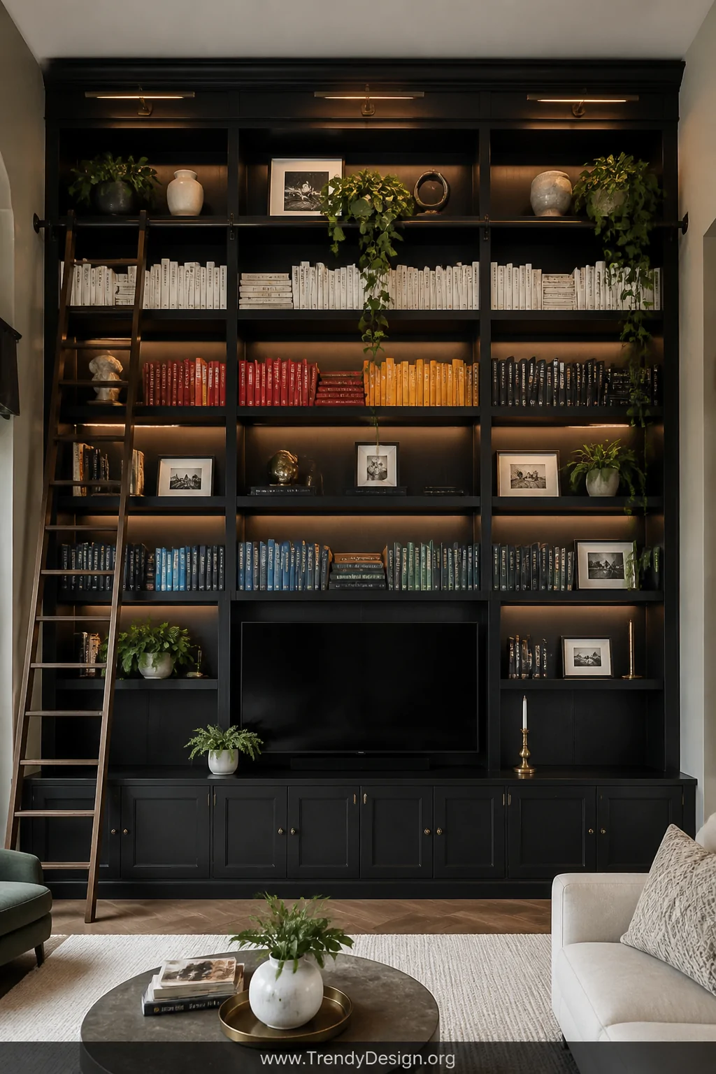Wide photorealistic interior shot of a dramatic floor-to-ceiling black bookshelf and entertainment unit spanning an entire wa