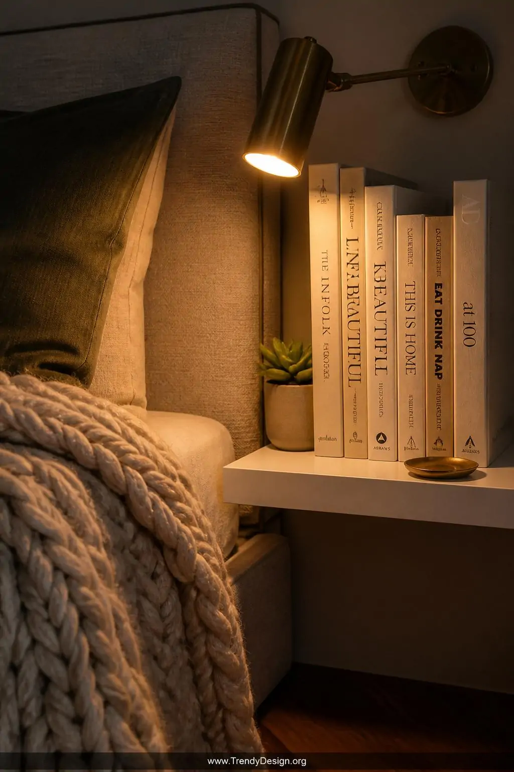 A extreme closeup of a bed-adjacent reading zone where a chunky oatmeal knit blanket drapes over the corner of a linen-uphols