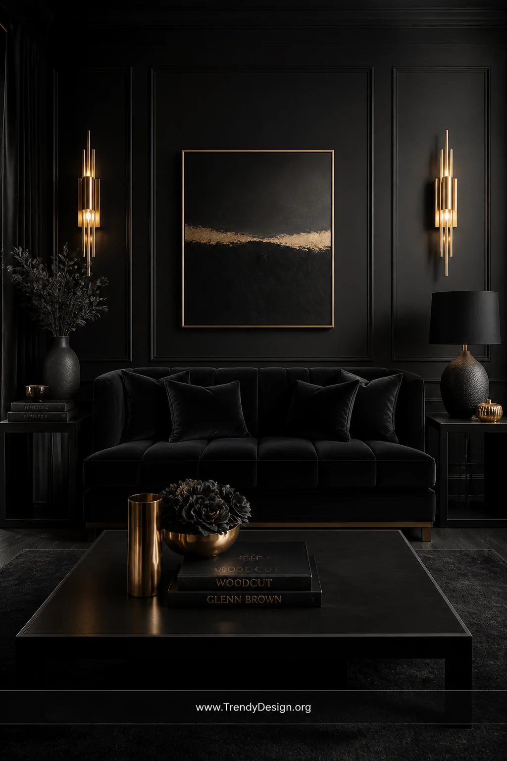 Wide shot of a dramatic all-black living room featuring a deep black velvet sofa against a dark charcoal accent wall, glossy 