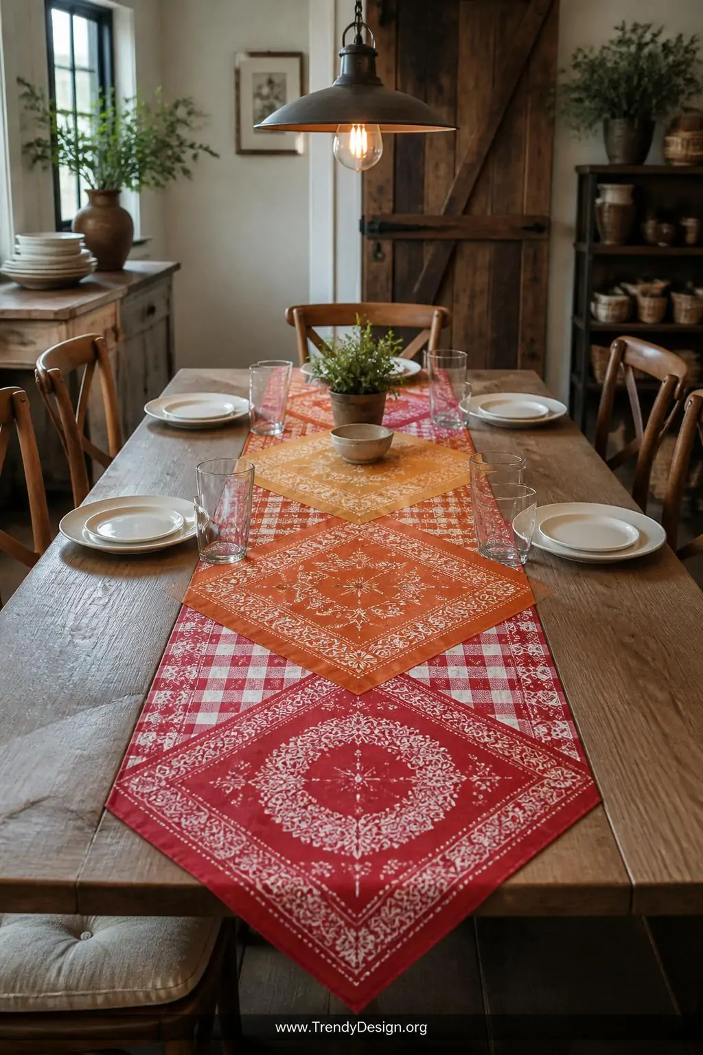 Wide shot of a rustic farmhouse dining table set with three overlapping bandanas forming a continuous runner down the center,