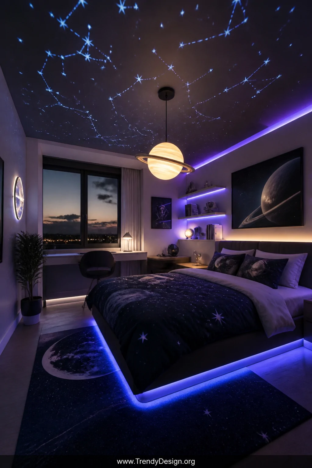 Medium photorealistic interior shot of a boys bedroom at twilight with layered cosmic lighting, a star projector casting slow