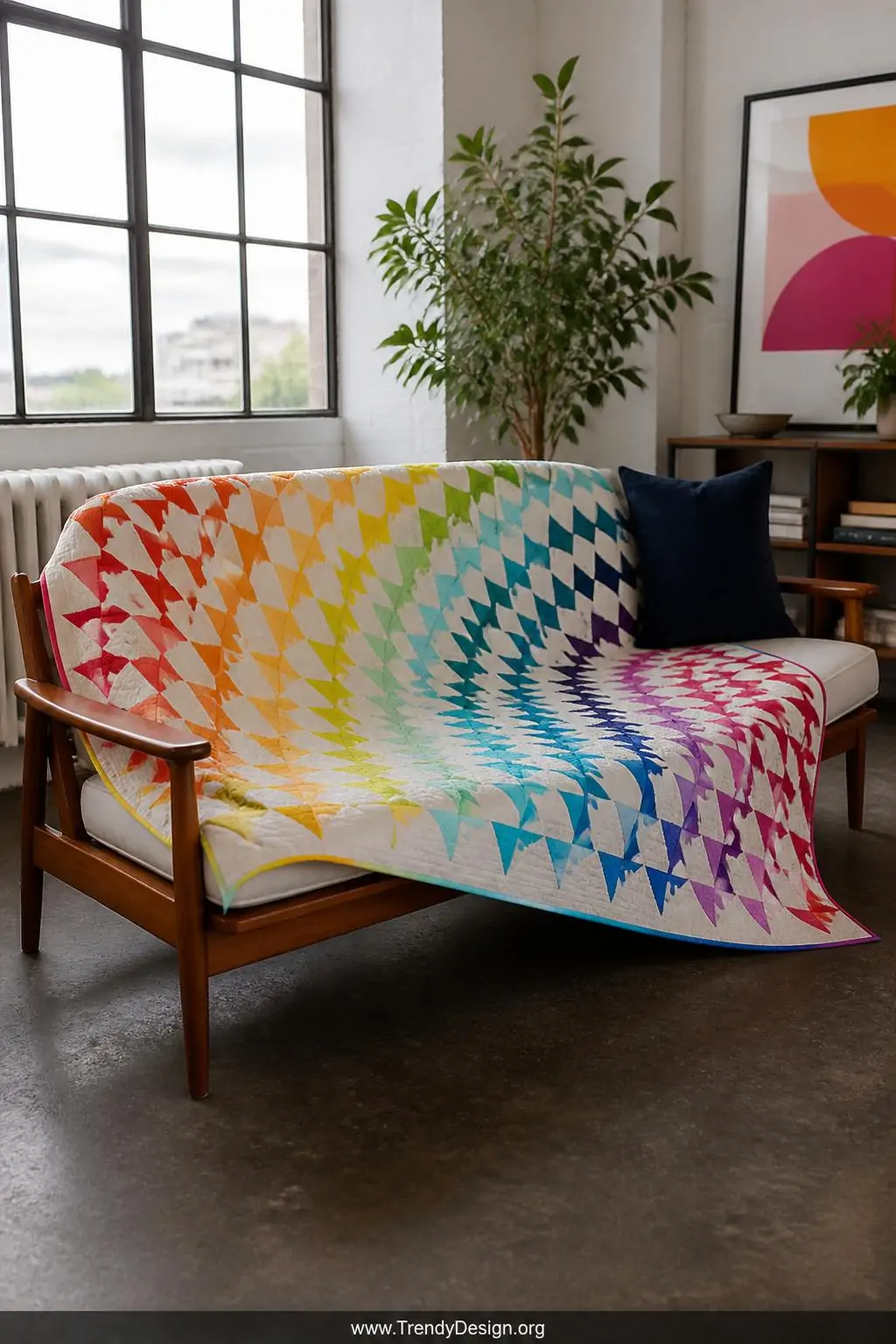 Wide shot of a colorful quilt draped over a mid-century modern teak sofa in a bright studio space, the flying geese border sw