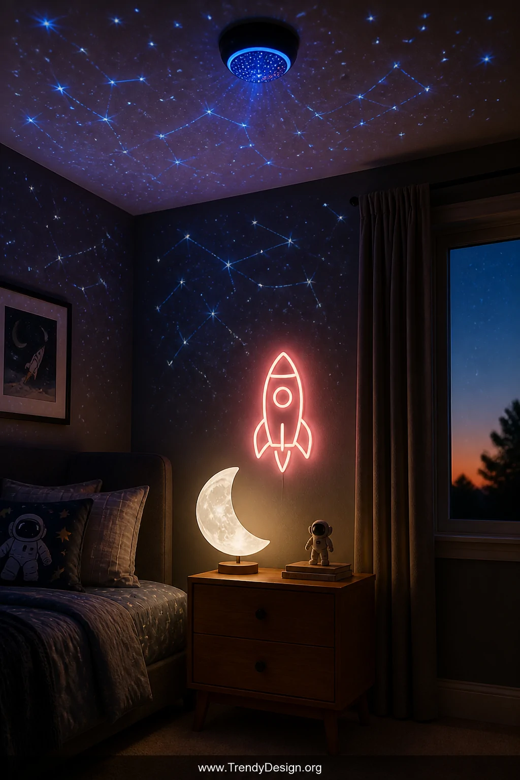 Medium photorealistic interior shot of a children's room nightstand and ceiling scene at dusk, featuring a glowing white moon