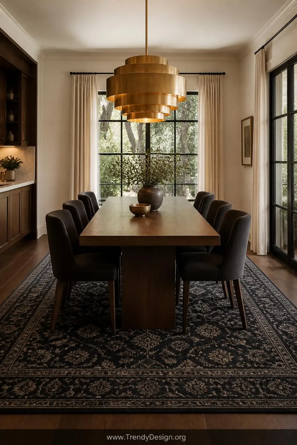 A wide photorealistic dining room shot centered on a rectangular black flat-weave rug with a subtle Persian-inspired pattern 